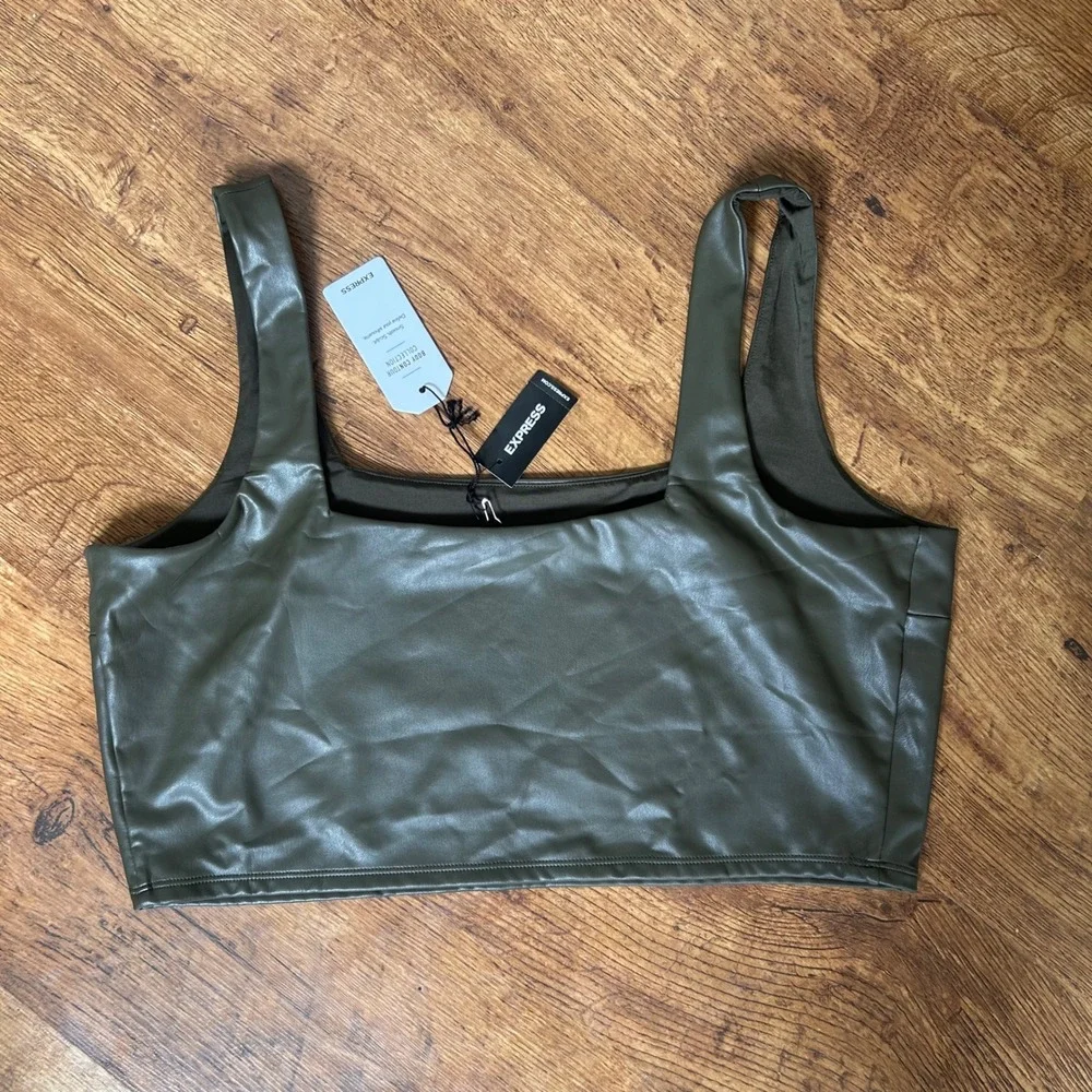 35. Express Body Contour Faux Leather Crop Top Olive Green XL Square Neck NWT